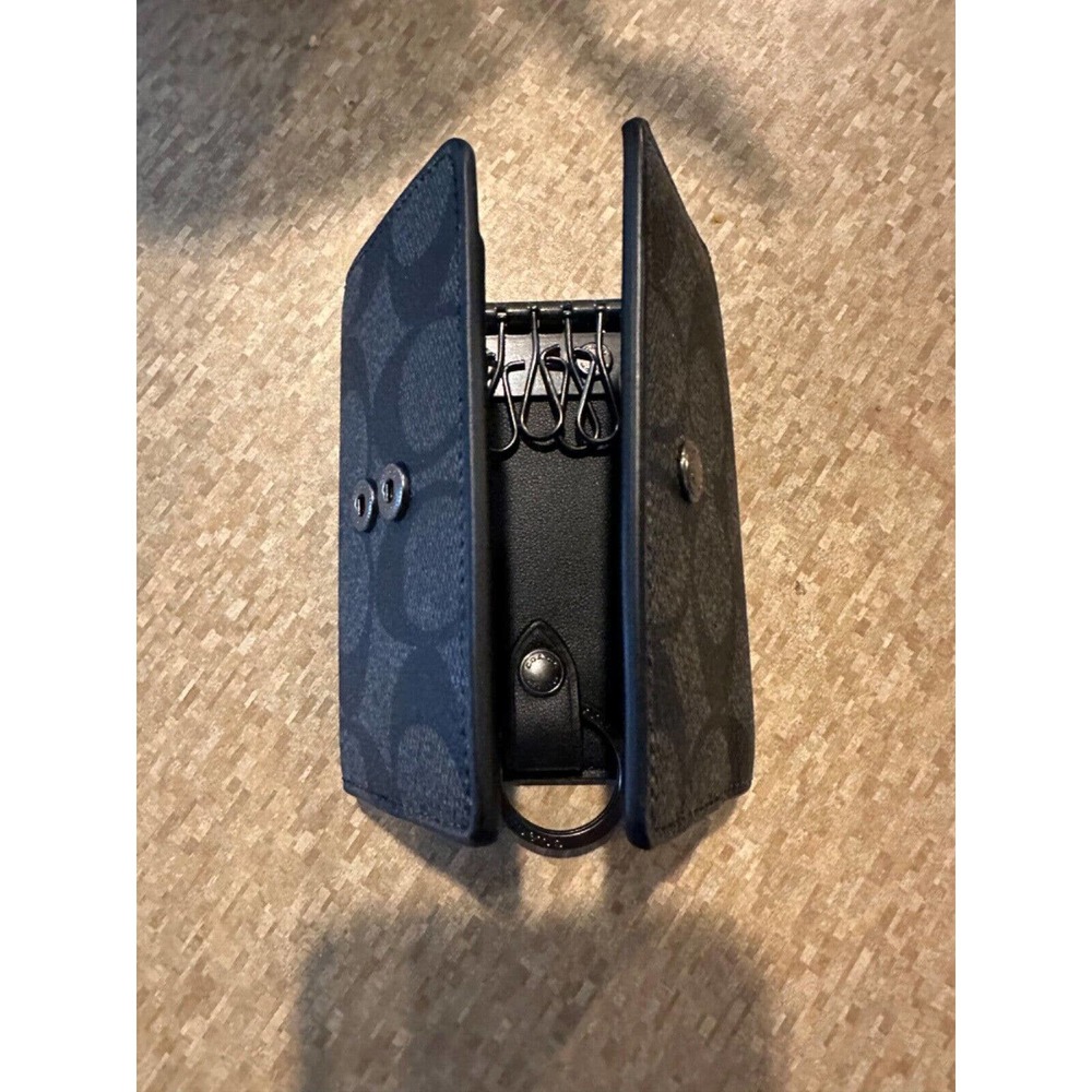 Coach Signature Five Ring Key Holder Card Case Wallet Black Signature Canvas - Picture 9 of 11